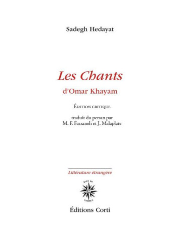 LES CHANTS D'OMAR KHAYAM - SADEGH HEDAYAT - CORTI