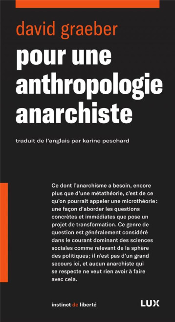 POUR UNE ANTHROPOLOGIE ANARCHISTE - GRAEBER DAVID - LUX CANADA