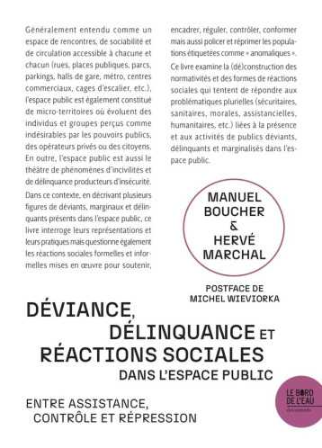 DEVIANCE, DELINQUANCE ET REACTIONS SOCIALES DANS L'ESPACE PUBLIC - BOUCHER MANUEL - BORD DE L EAU