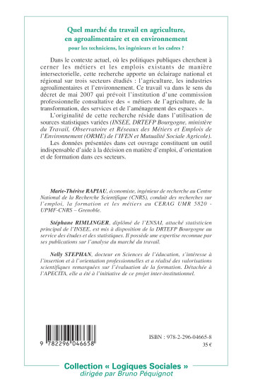 Quel marché du travail en agriculture, en agroalimentaire et en environnement ? - Rimlinger Stéphane, Rapiau Marie-Thérèse, Stephan Nelly - L'HARMATTAN